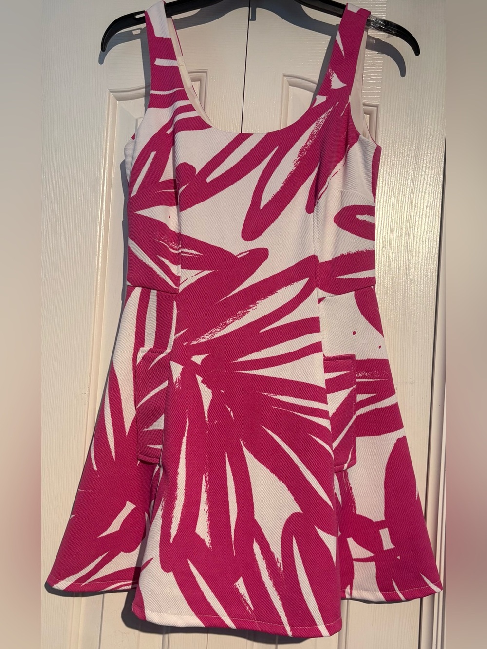 Donna Morgan White Dress with Bold Fuchsia Brushprint